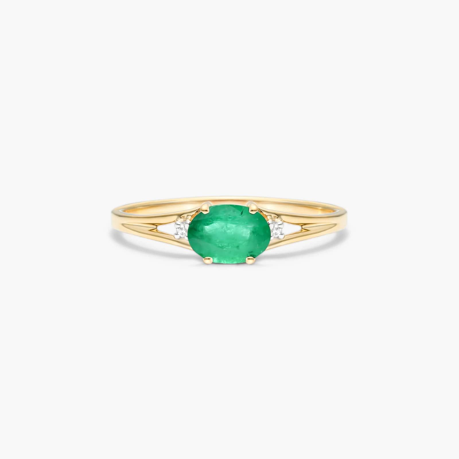 Oval Emerald And Diamond Accent Birthstone Ring In 14K Yellow Gold