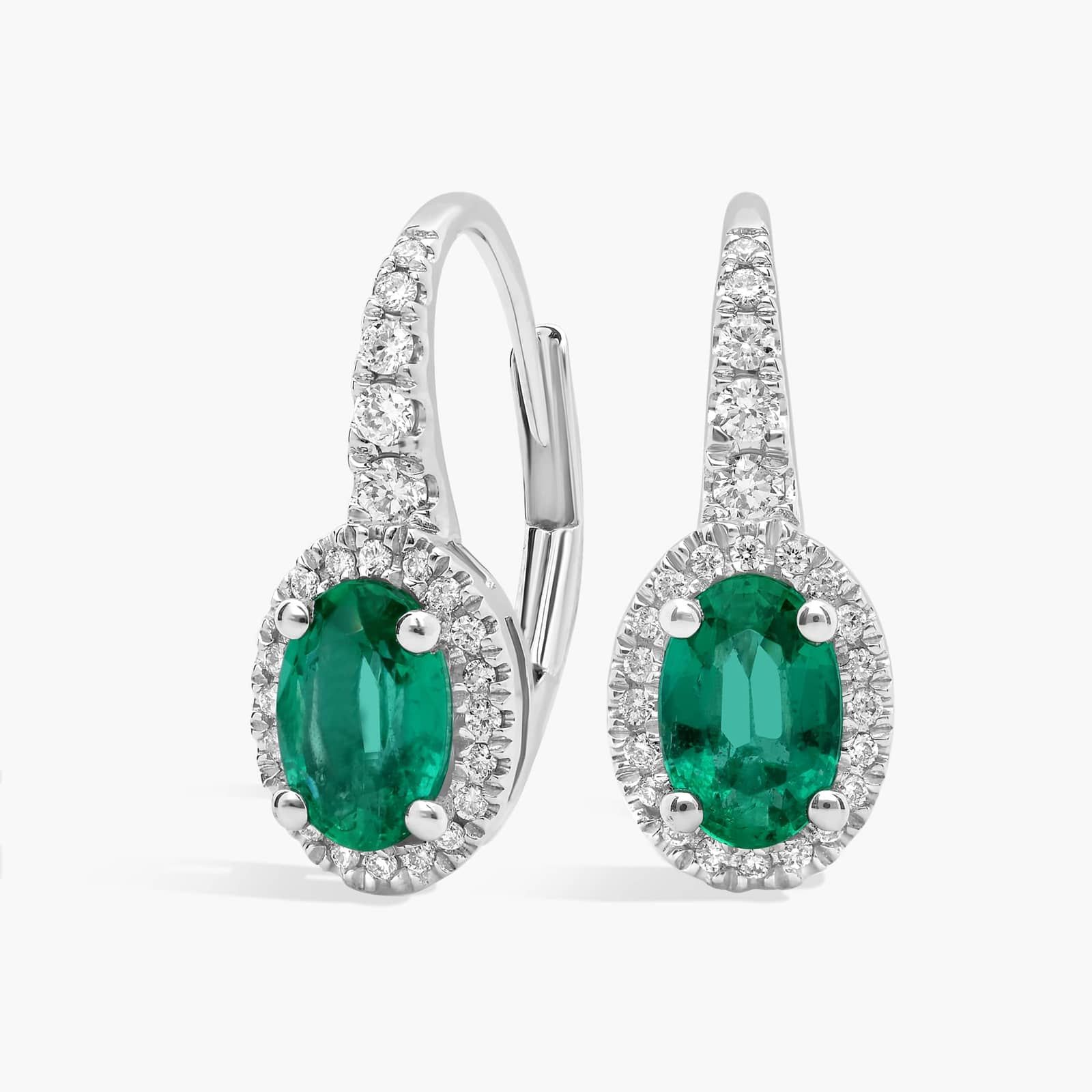 Oval Emerald and Diamond Drop Earrings in 18K white Gold