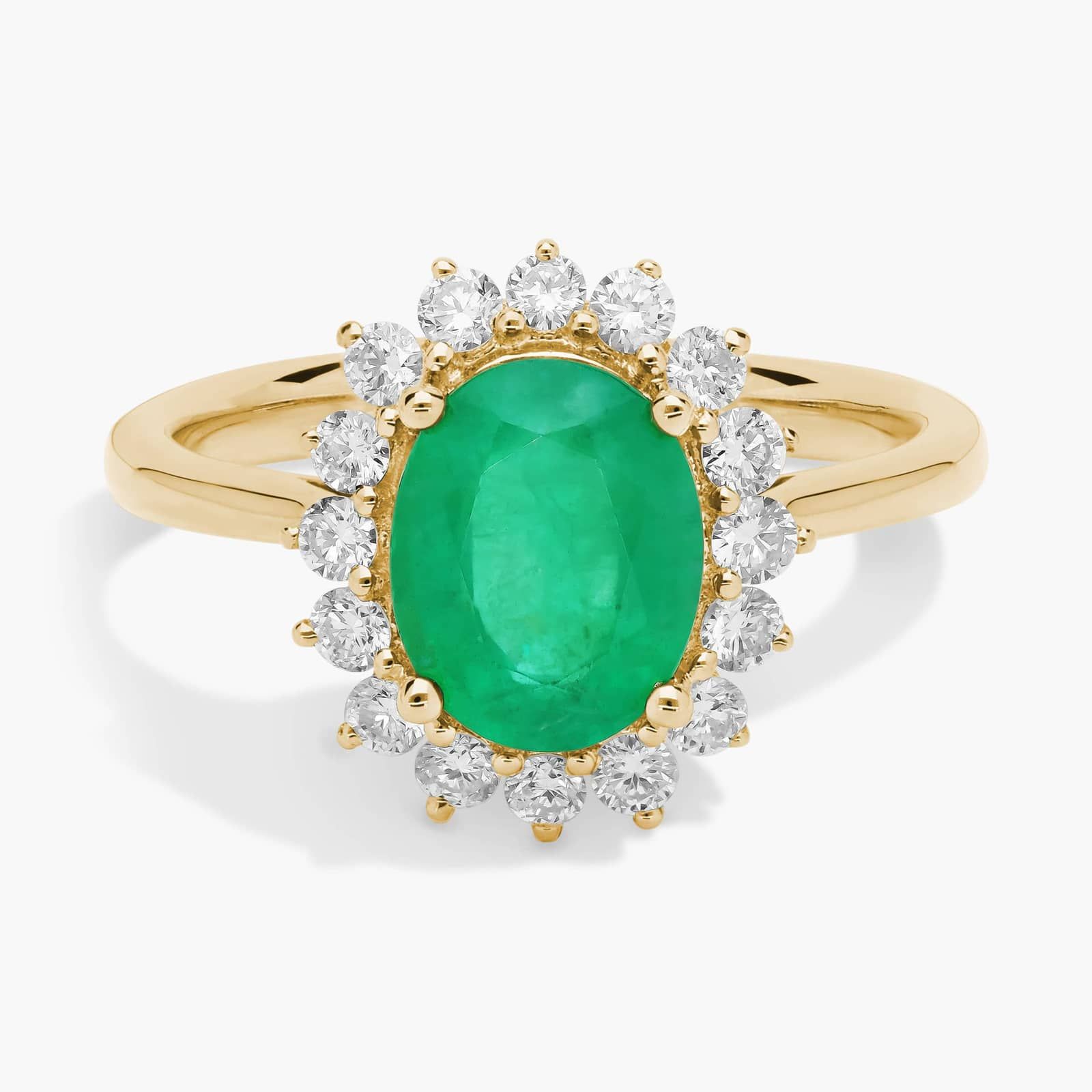 Oval Emerald and Diamond Sunburst Halo Ring 14k in Yellow Gold