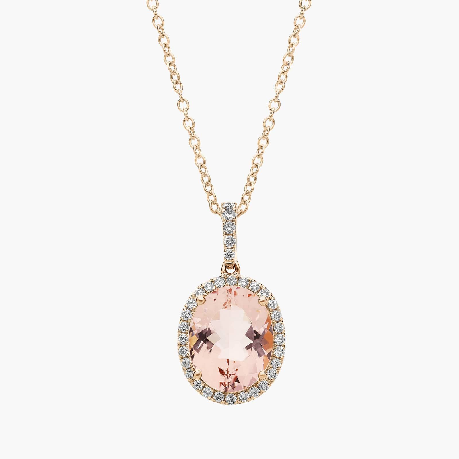 Oval Morganite and Diamond Halo Pendant in 14k Yellow Gold (10x8mm)