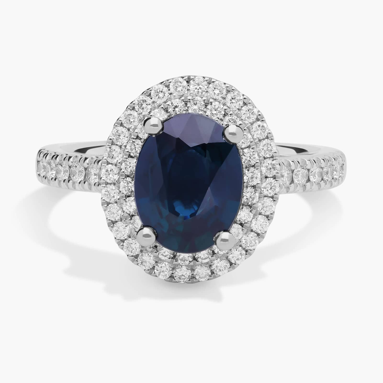 Oval Sapphire and Diamond Double Halo Micropavé Ring in 18k White Gold
