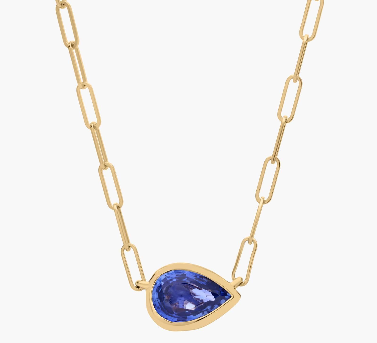 East-West Pear-Shaped Sapphire Paperclip Necklace in 14K Yellow Gold