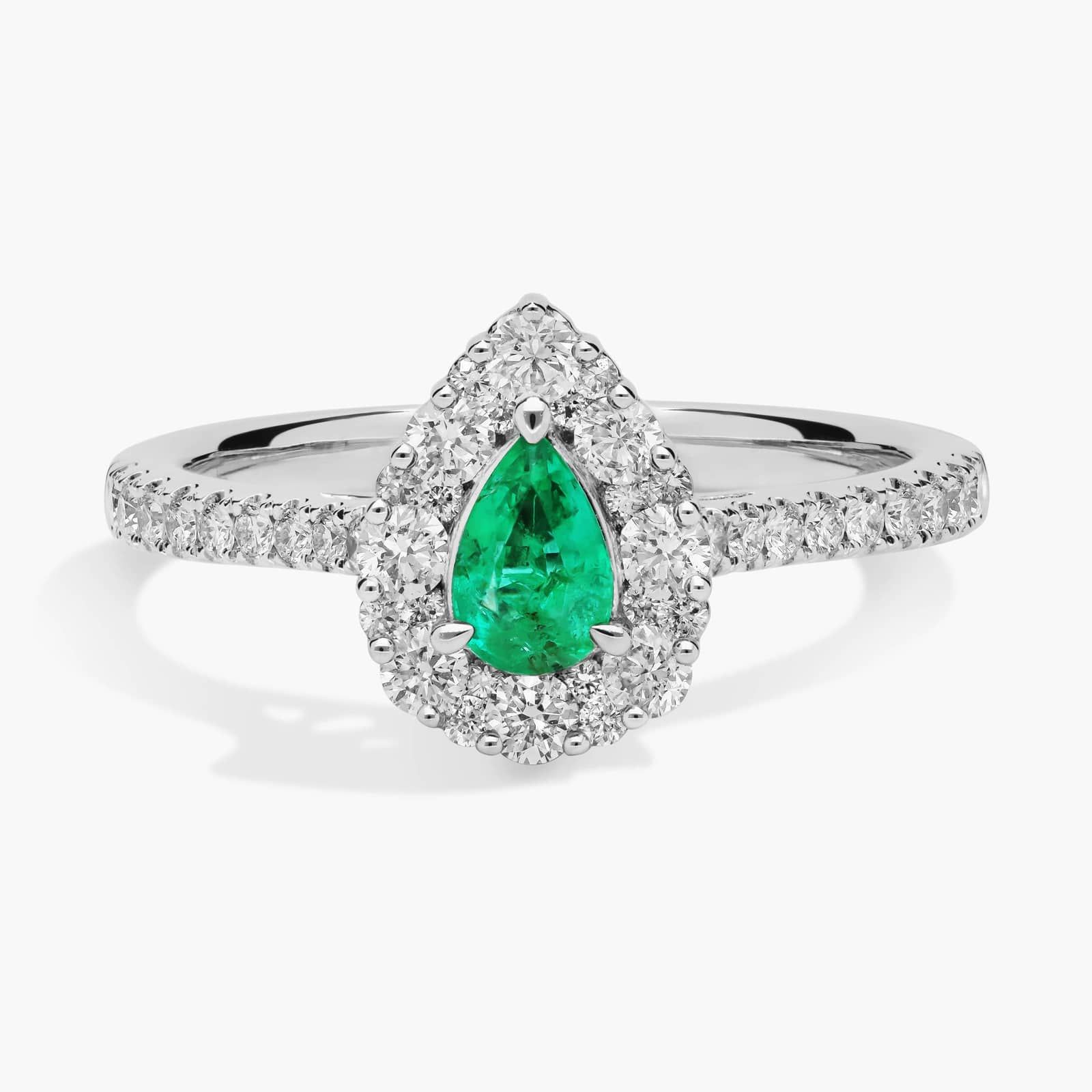 Pear Emerald Ring with Diamond Halo in 14k White Gold