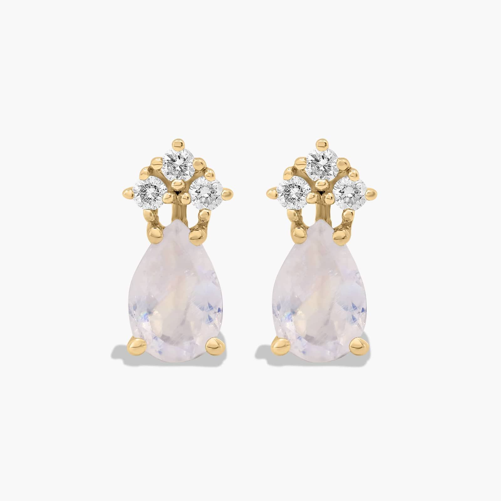 Pear Shape Rainbow Moonstone And Tri-Diamond Stud Earrings In 14K Yellow Gold By James Allen