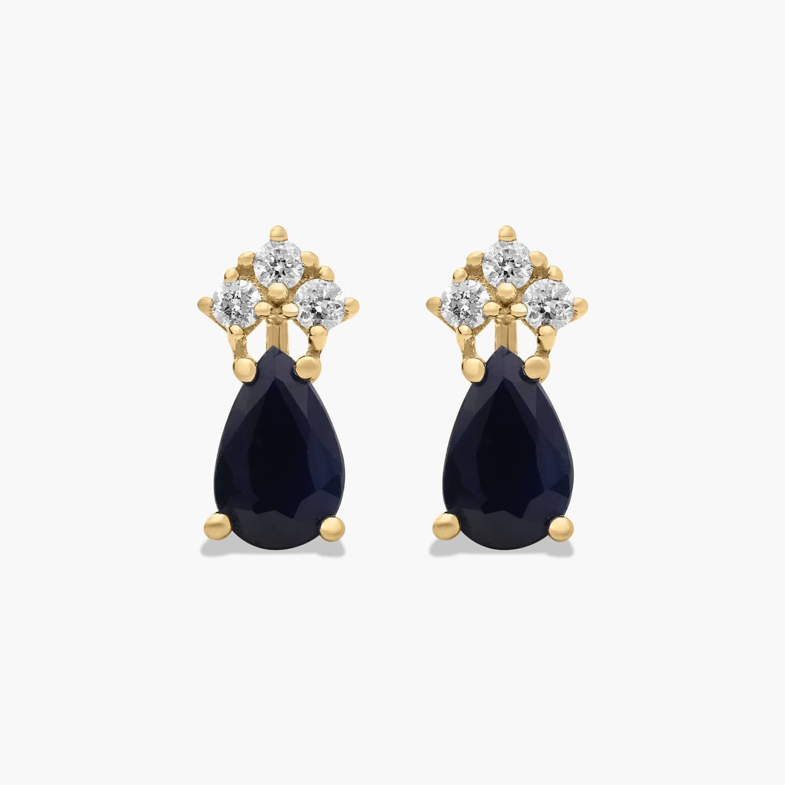 Pear Shape Sapphire And Tri-Diamond Stud Earrings In 14K Yellow Gold