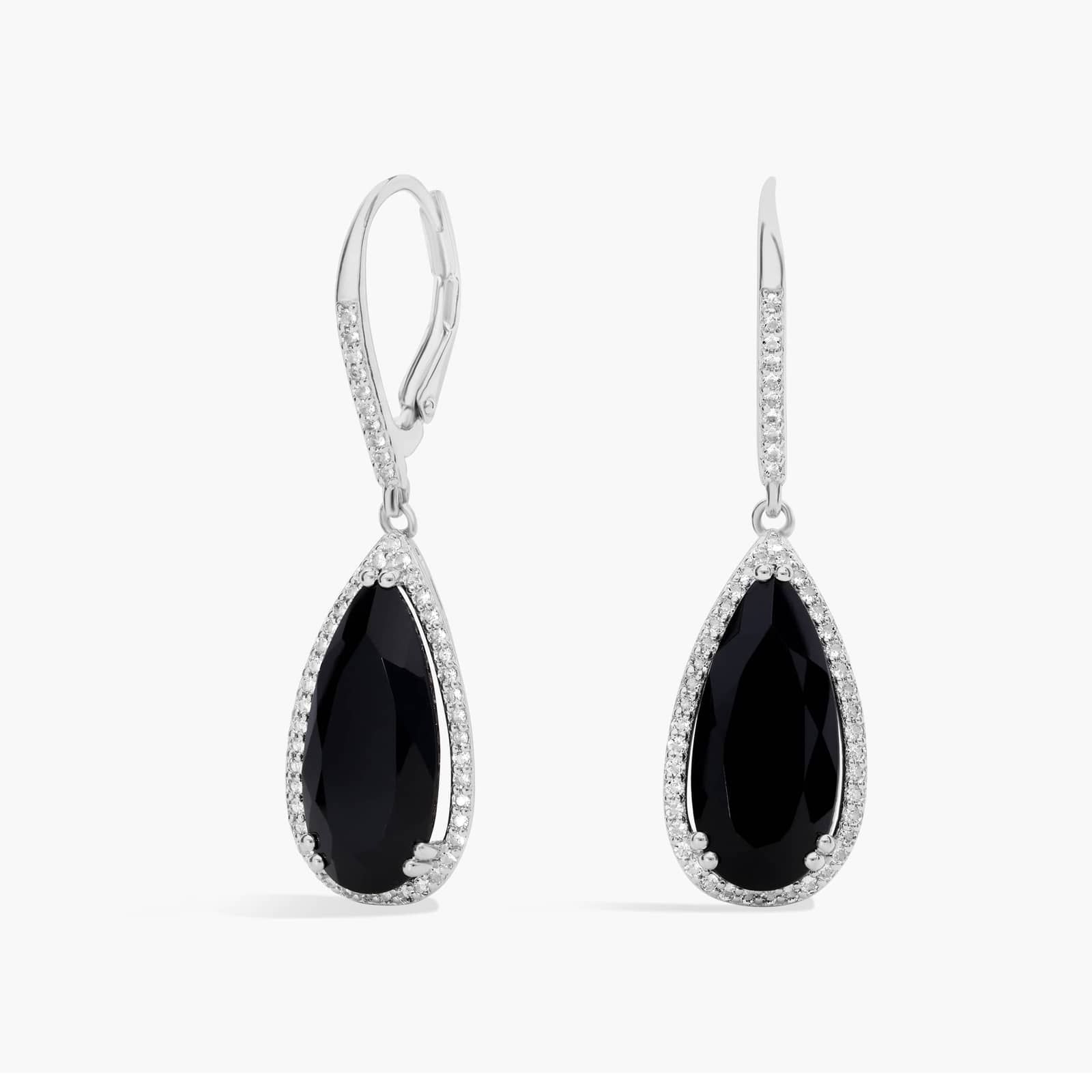 Pear-Shaped Black Onyx Drop Earrings with White Topaz Halo in Sterling Silver (18x8mm)