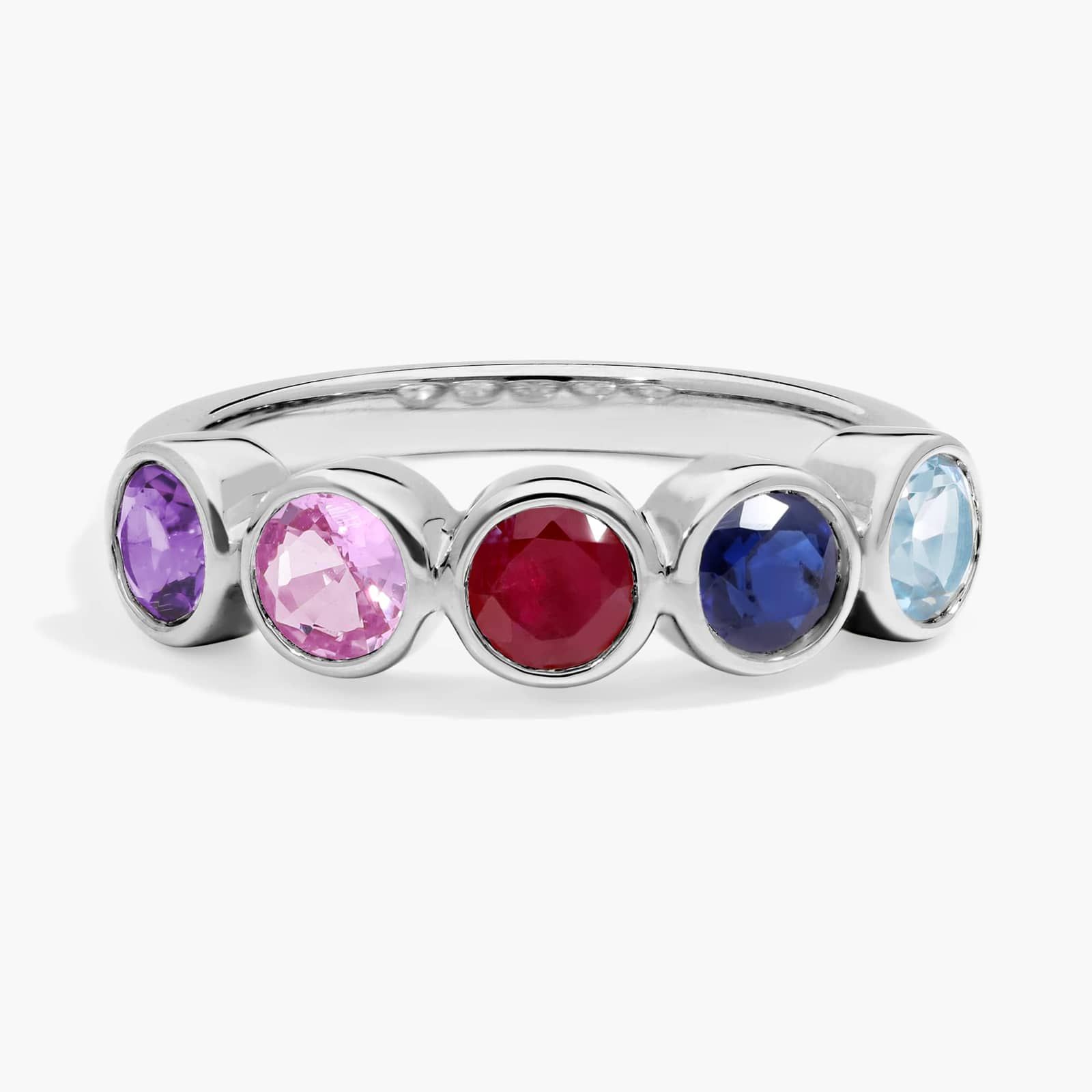 Personalized Round Cut Five Birthstone Ring In 14K White Gold
