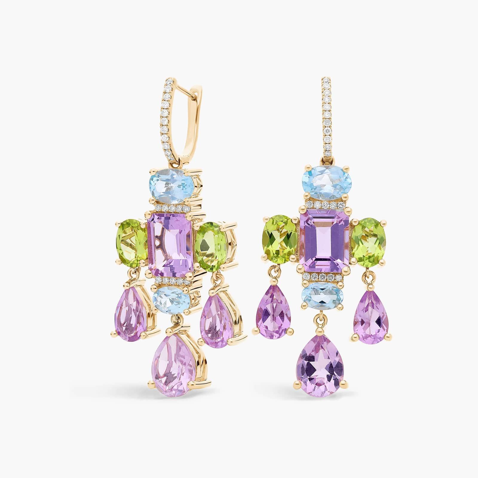 Pink Amethyst, Peridot and Sky Blue Topaz Chandelier Earrings in 14k Yellow Gold