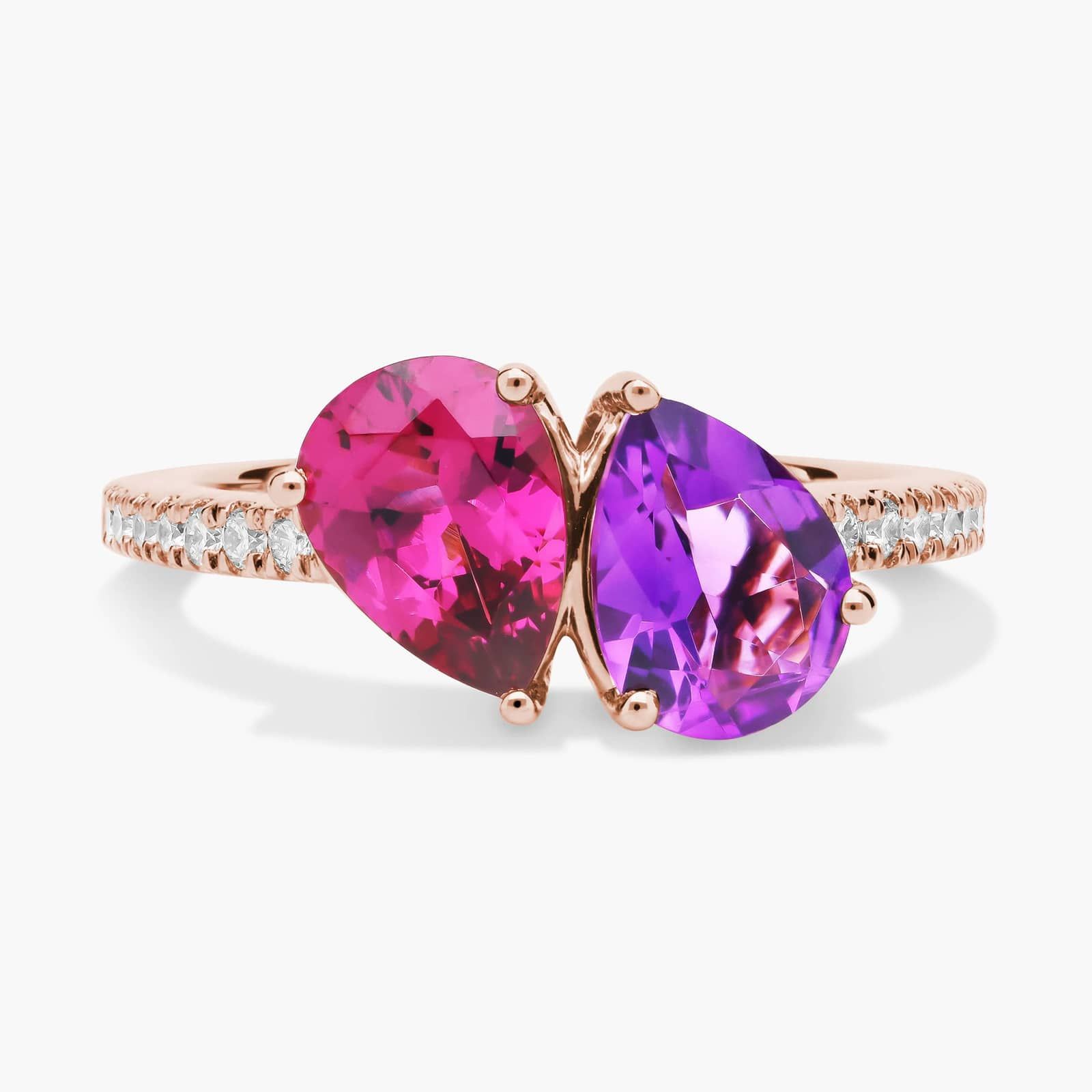 Rhodolite and Amethyst Two Stone Ring with Diamond Halo in 14k Rose Gold