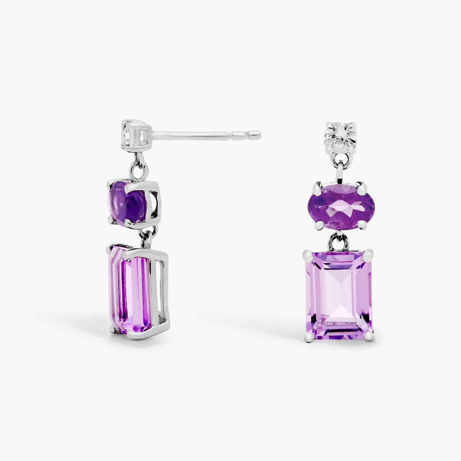 Rose de France, Amethyst, and White Sapphire Mixed Shape Drop Earrings in Sterling Silver