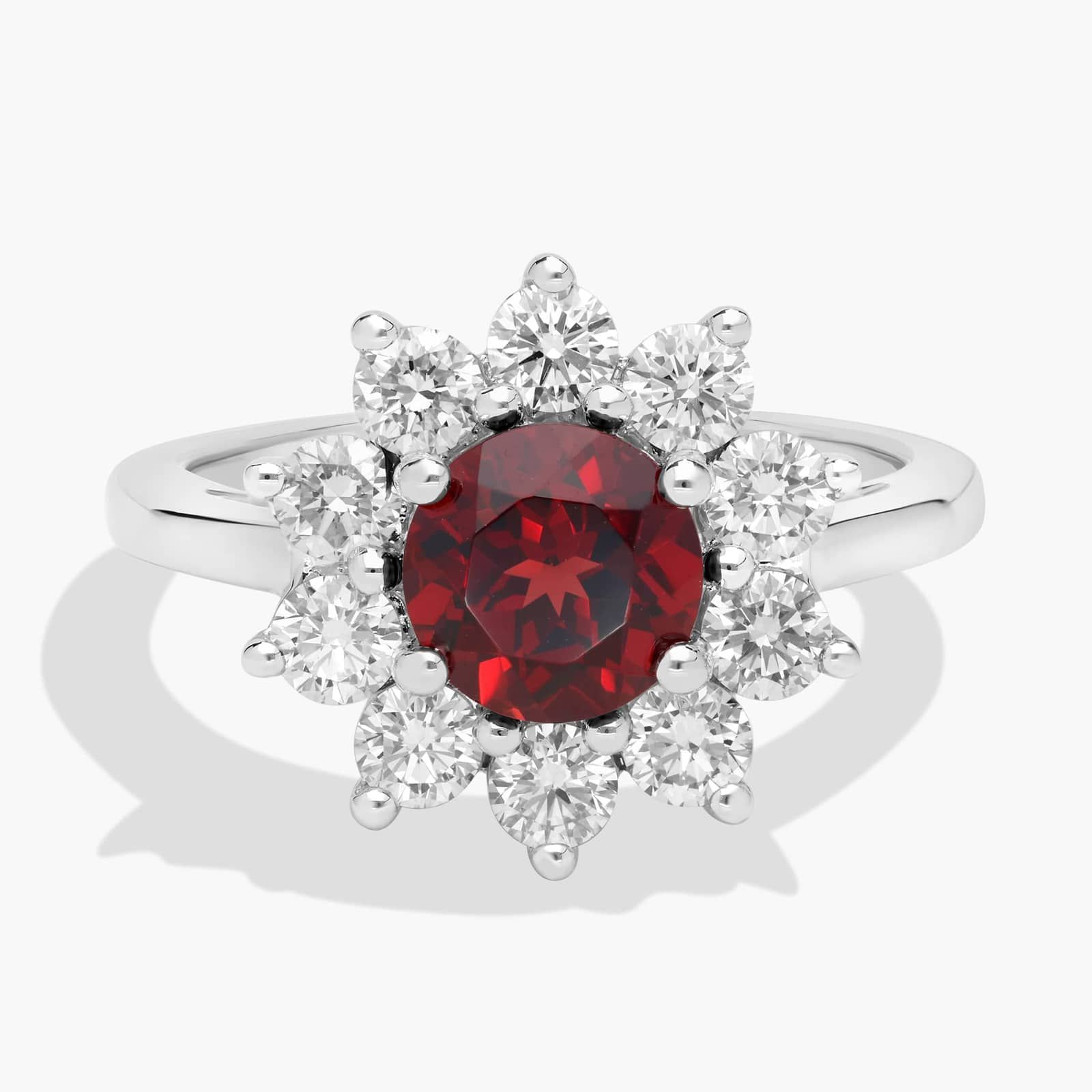 Round Garnet and Diamond Halo Ring in 14k White Gold