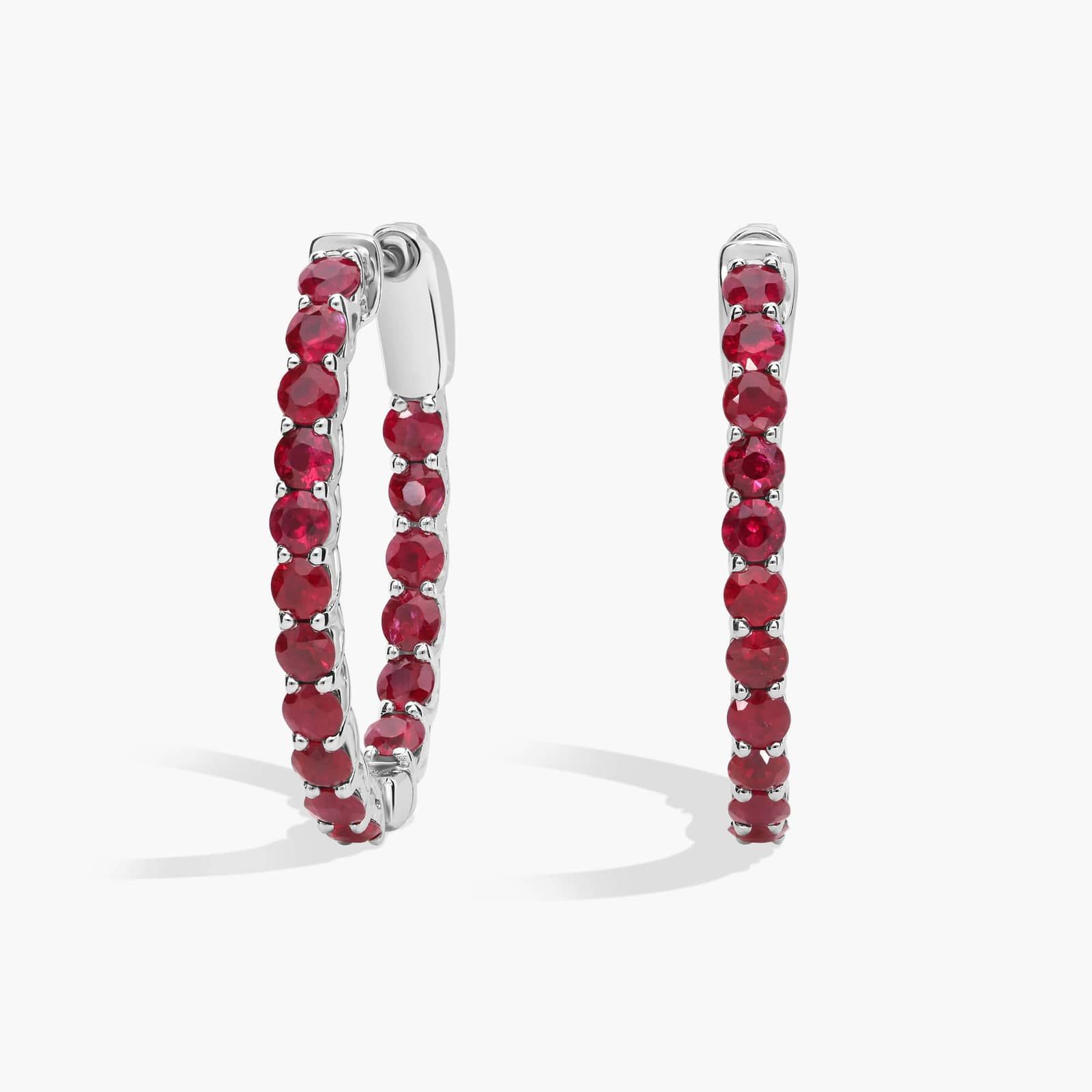 Round Ruby Hoop Earrings, 1 Inch Diameter in 14K White Gold