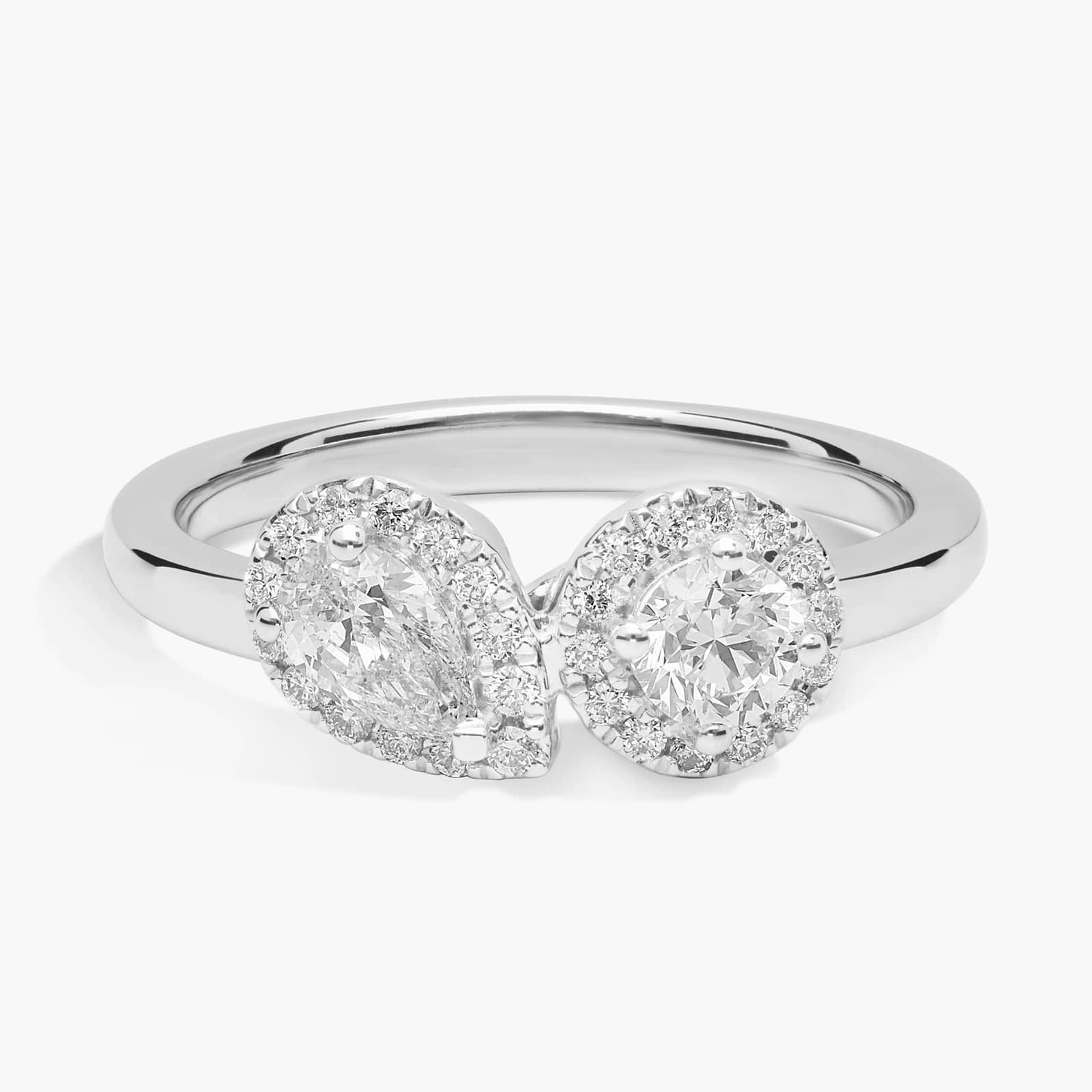 Round and Pear Halo Two Stone Diamond Toi Et Moi Ring in 14k White Gold