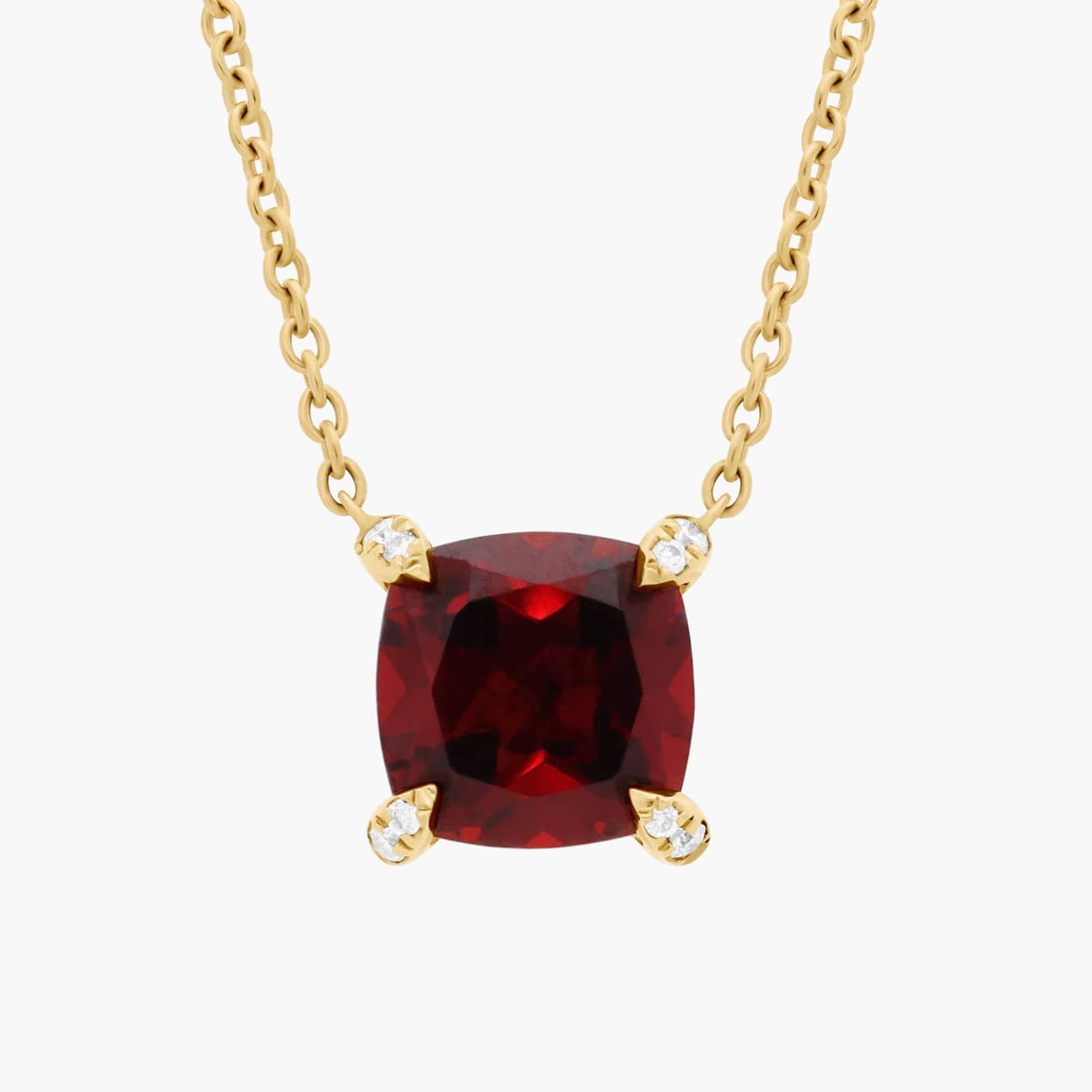 Cushion Cut Garnet and Diamond Accent Pendant in 14k Yellow Gold (7mm)