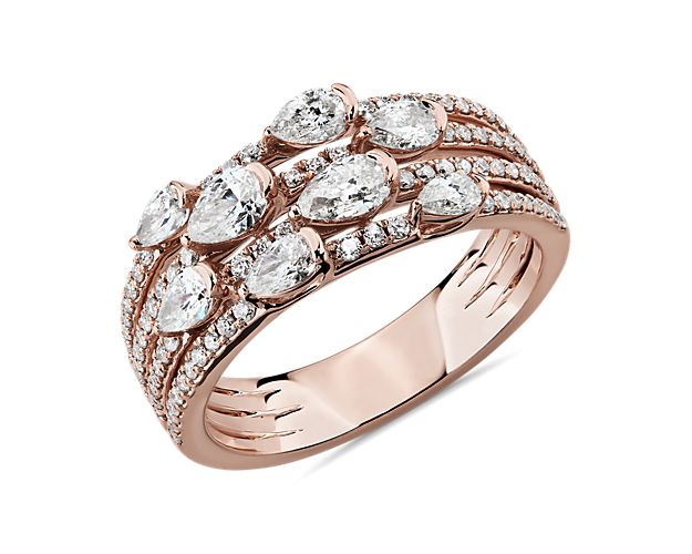 Rose gold and diamond multi-row statement ring. 