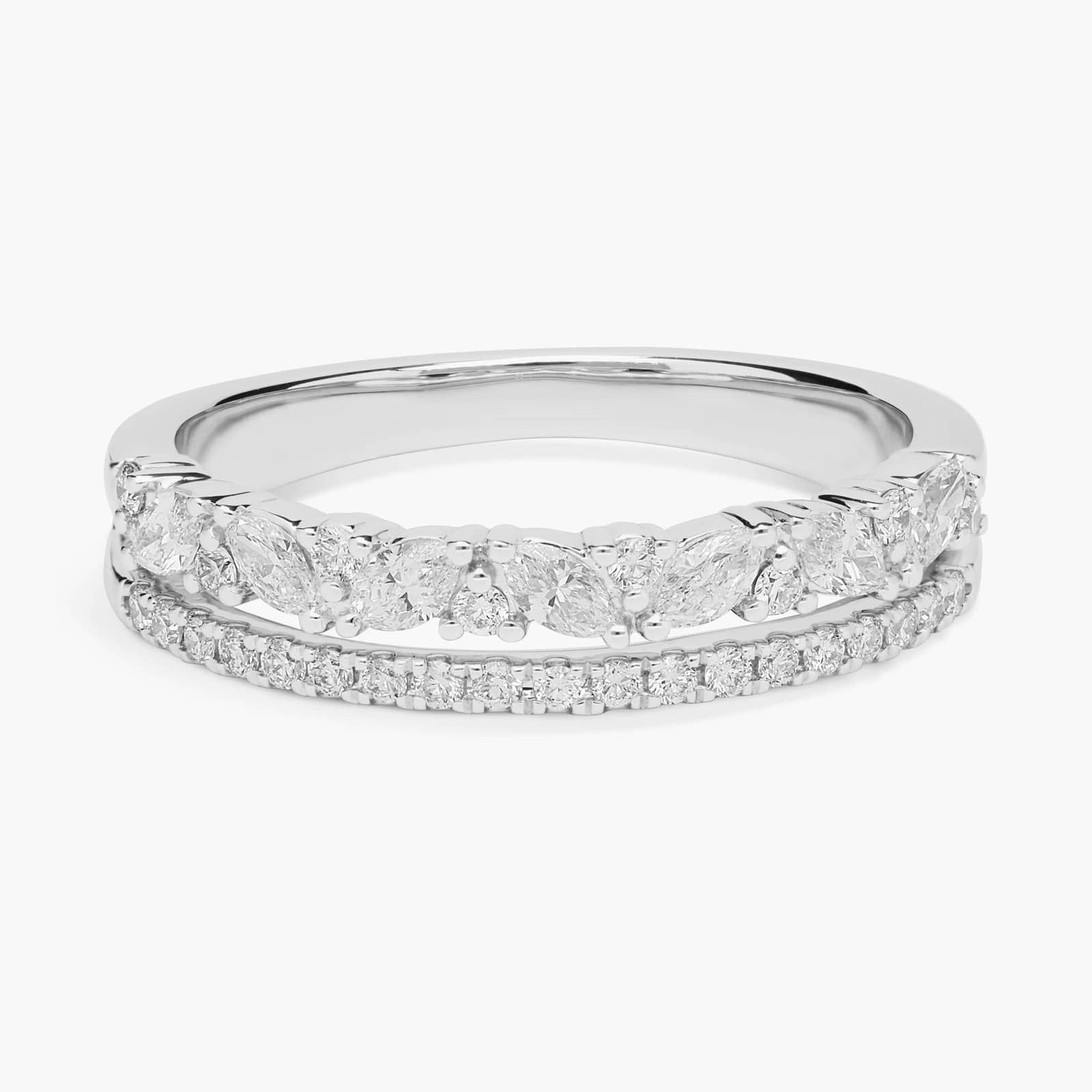 Two Row Diagonal Marquise And Pave Diamond Band in 14k White Gold