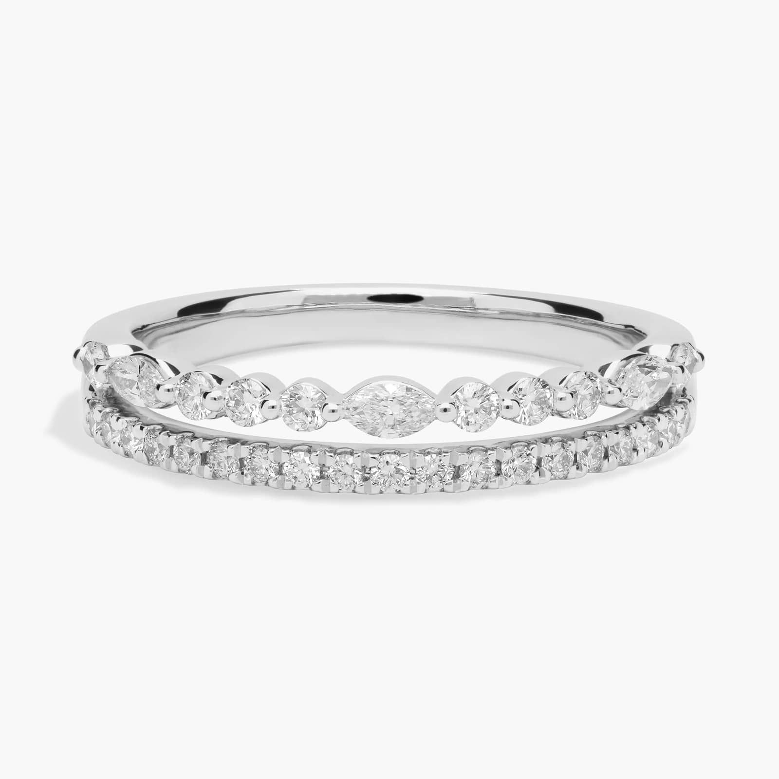 Two Row Round and Marquise Diamond Stacking Ring in 14k White Gold