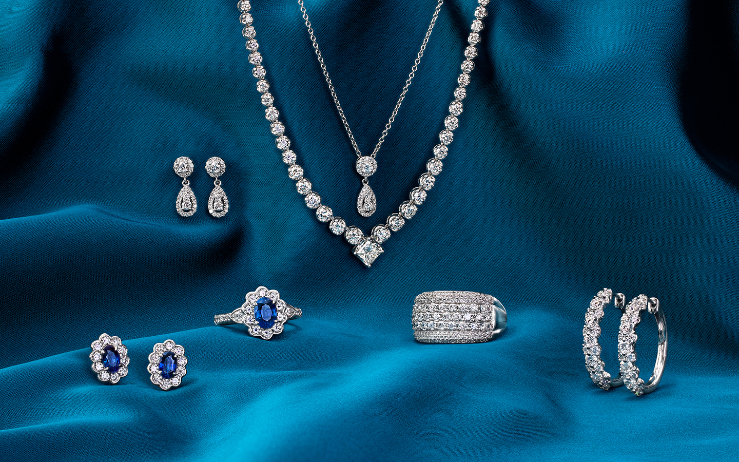 Sapphire and diamond necklaces, rings and earrings. 