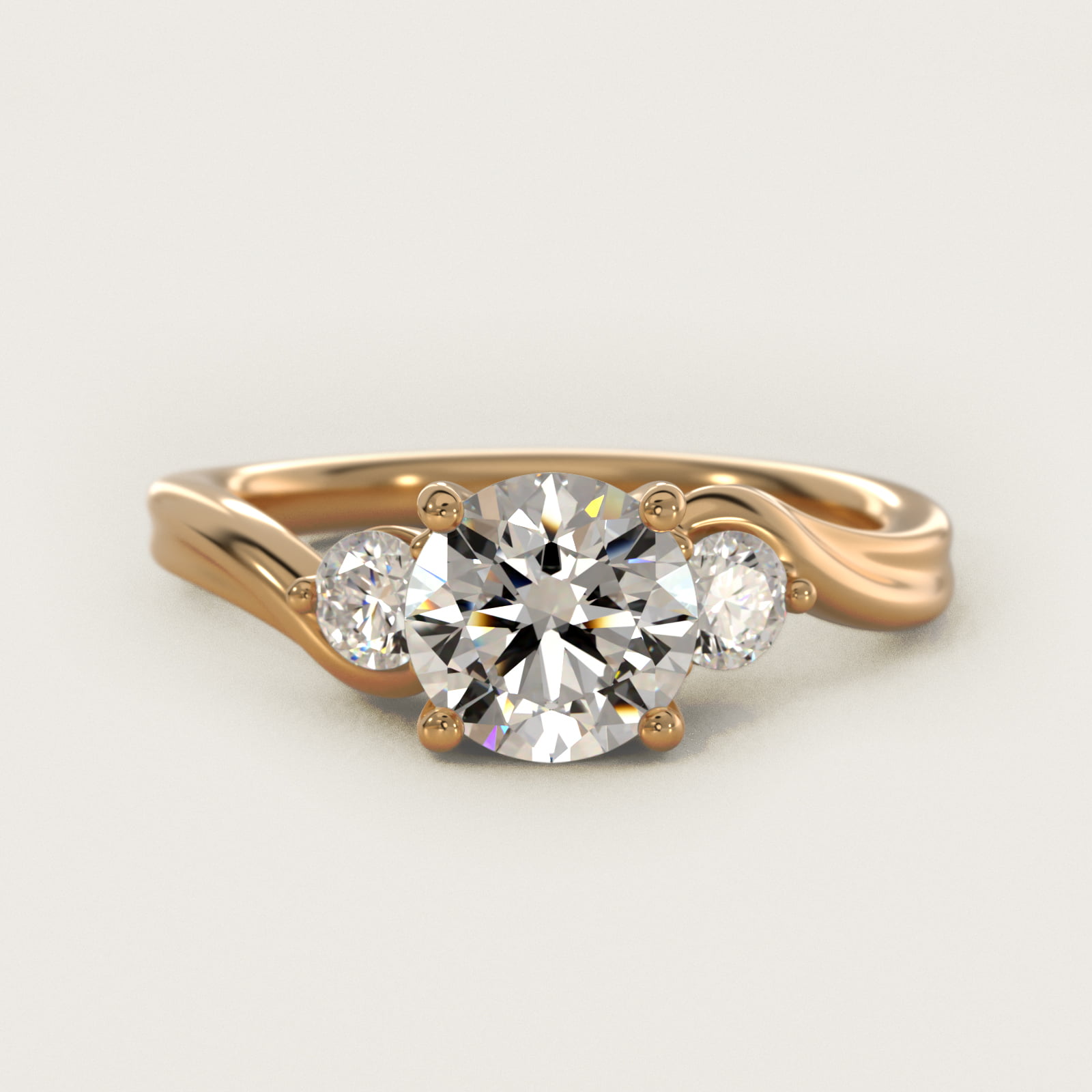 Wrapped Shank Three Stone Diamond Engagement Ring in 14k Yellow Gold