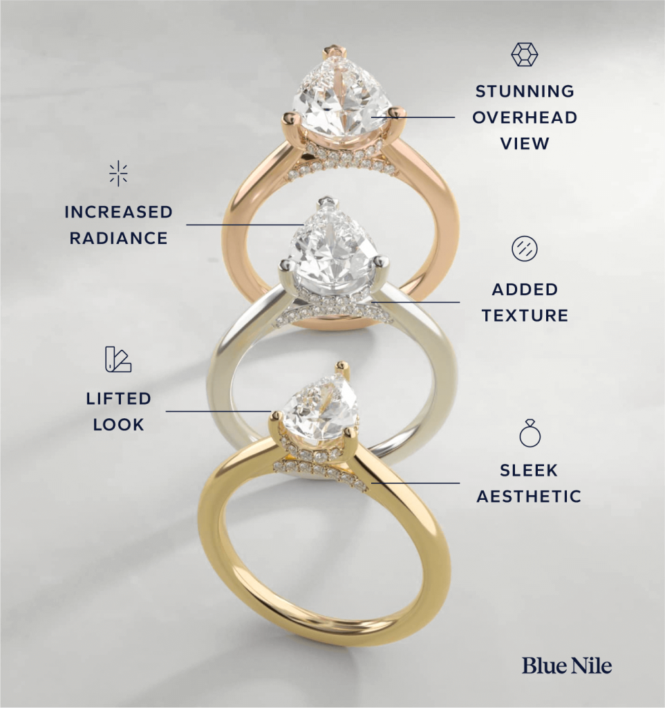 Hidden halo engagement rings stacked in yellow, white, and rose gold, highlighting increased radiance, lifted profile, added texture, and a sleek overhead view.