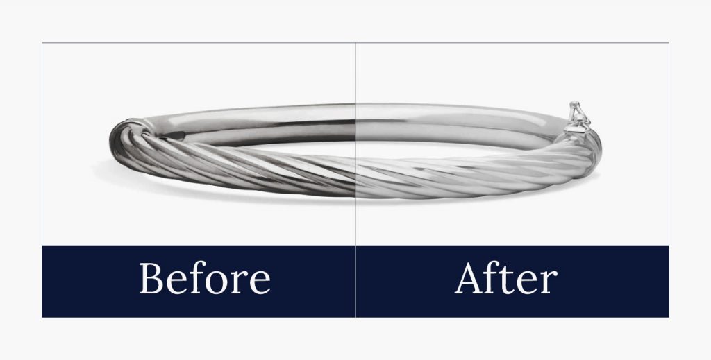 Before and after of cleaned silver jewelry.