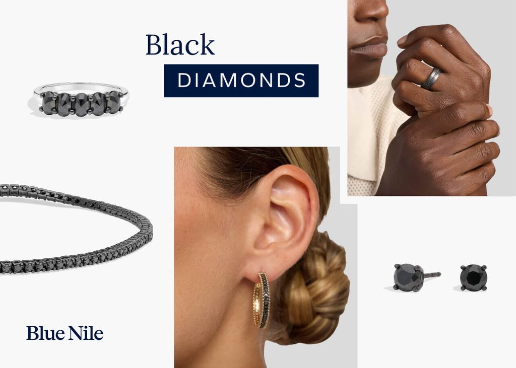 Blue Nile black diamond jewelry collage.