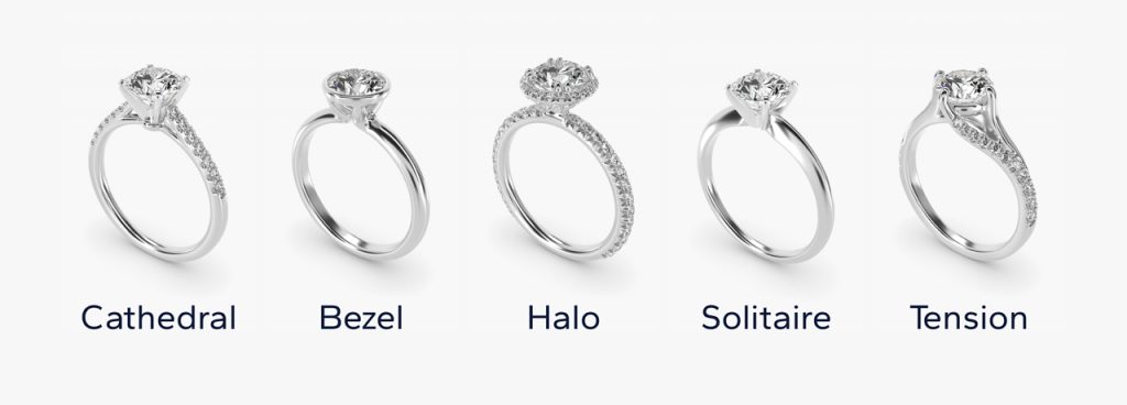 Comparison of cathedral setting to bezel, halo, solitaire and tension settings.