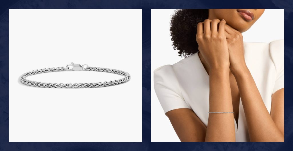 Woman wears silver chain bracelet.