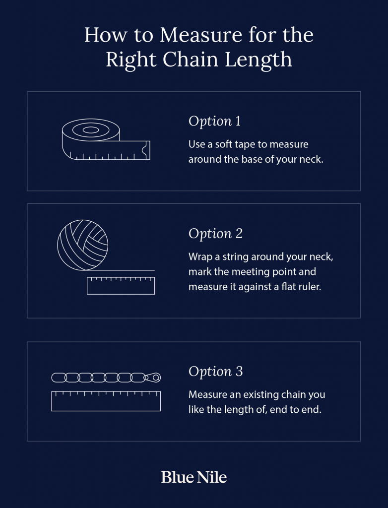 Three options for how to measure your neck for chain length.