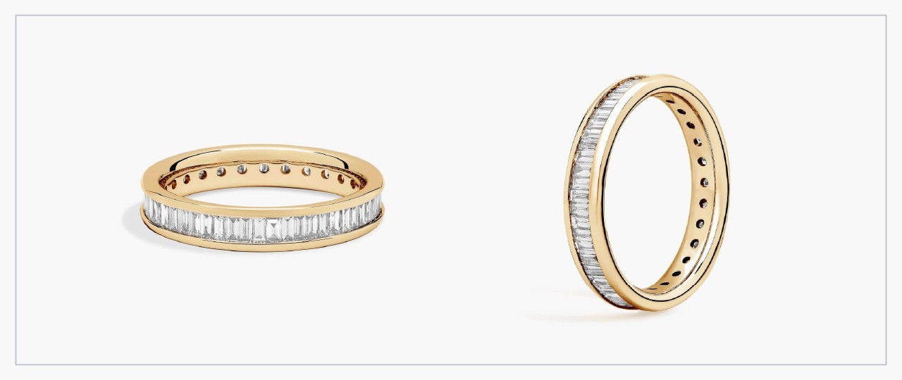 Front and side views of a yellow gold diamond channel set ring