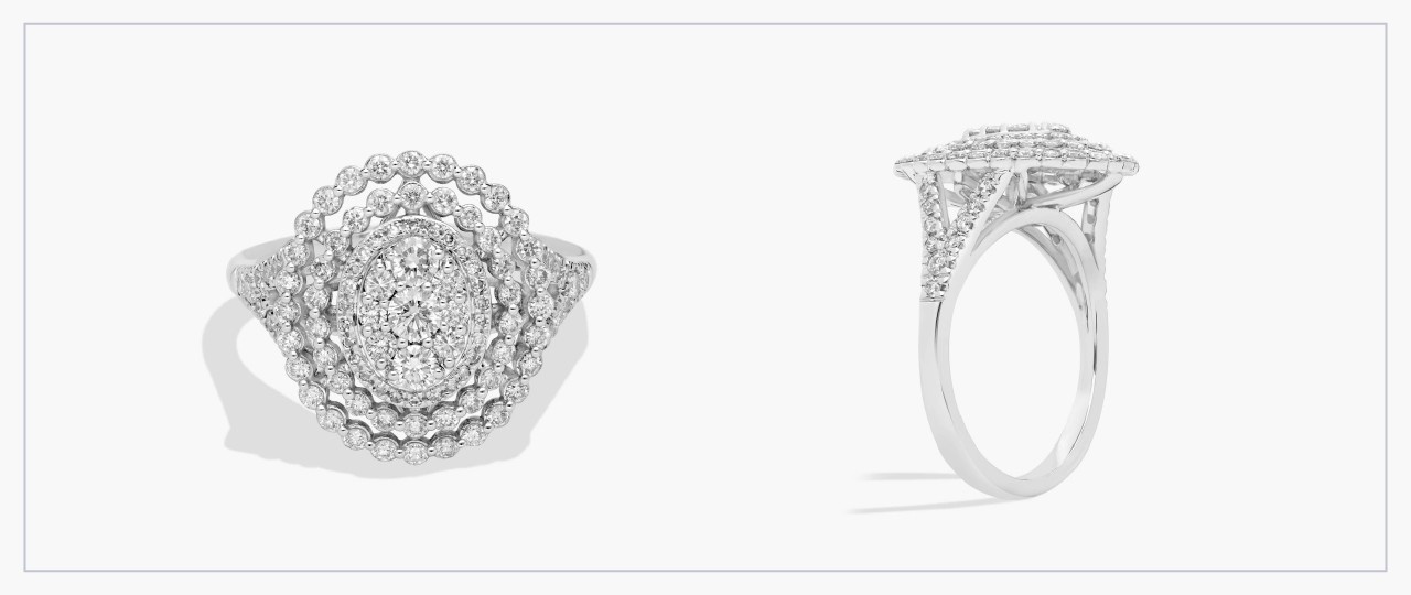 Front and side views of a white gold diamond cluster ring