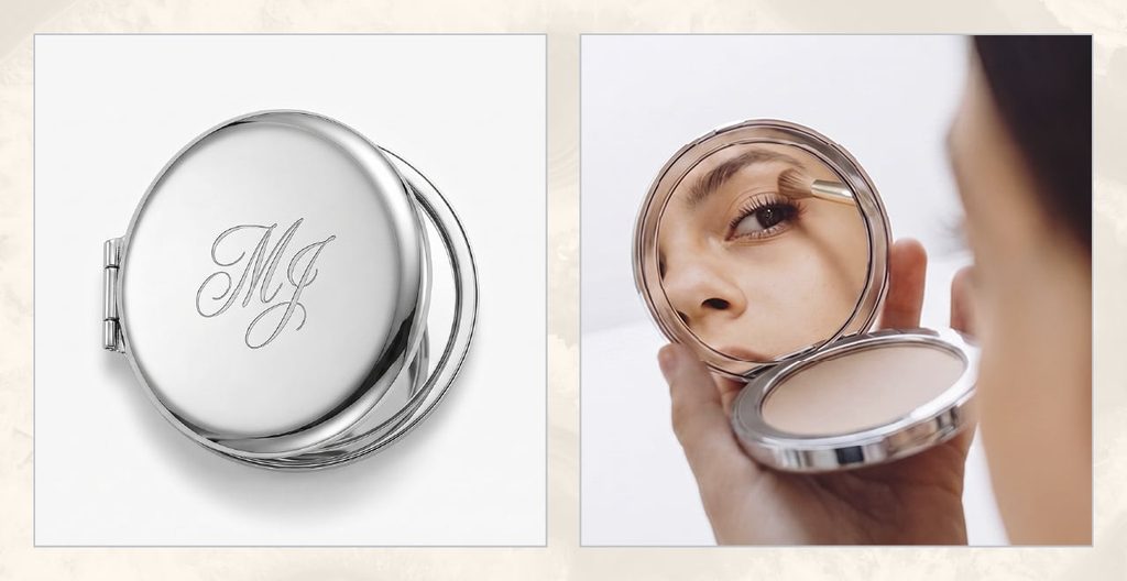Personalized compact mirror as a bridesmaid gift idea.