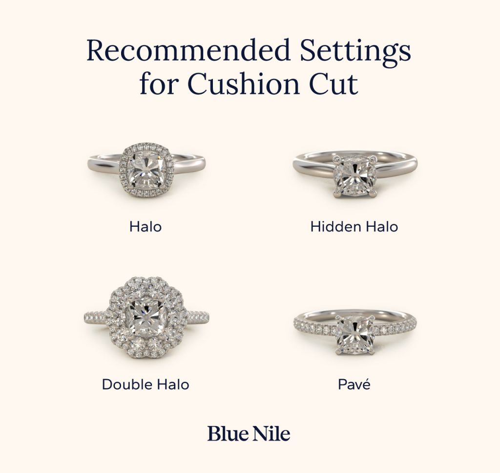 Cushion cut diamonds recommended settings and metals.