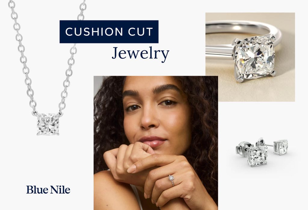 Collage of Blue Nile cushion cut jewelry.