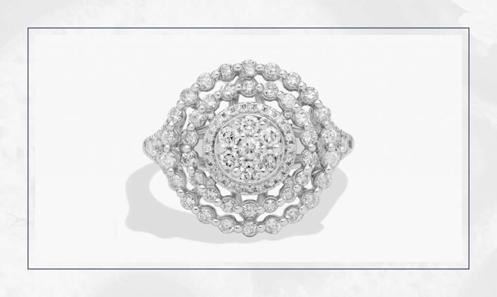Round diamond cluster ring with layered halos, showing a bold vintage-inspired style growing in popularity among trendy engagement rings