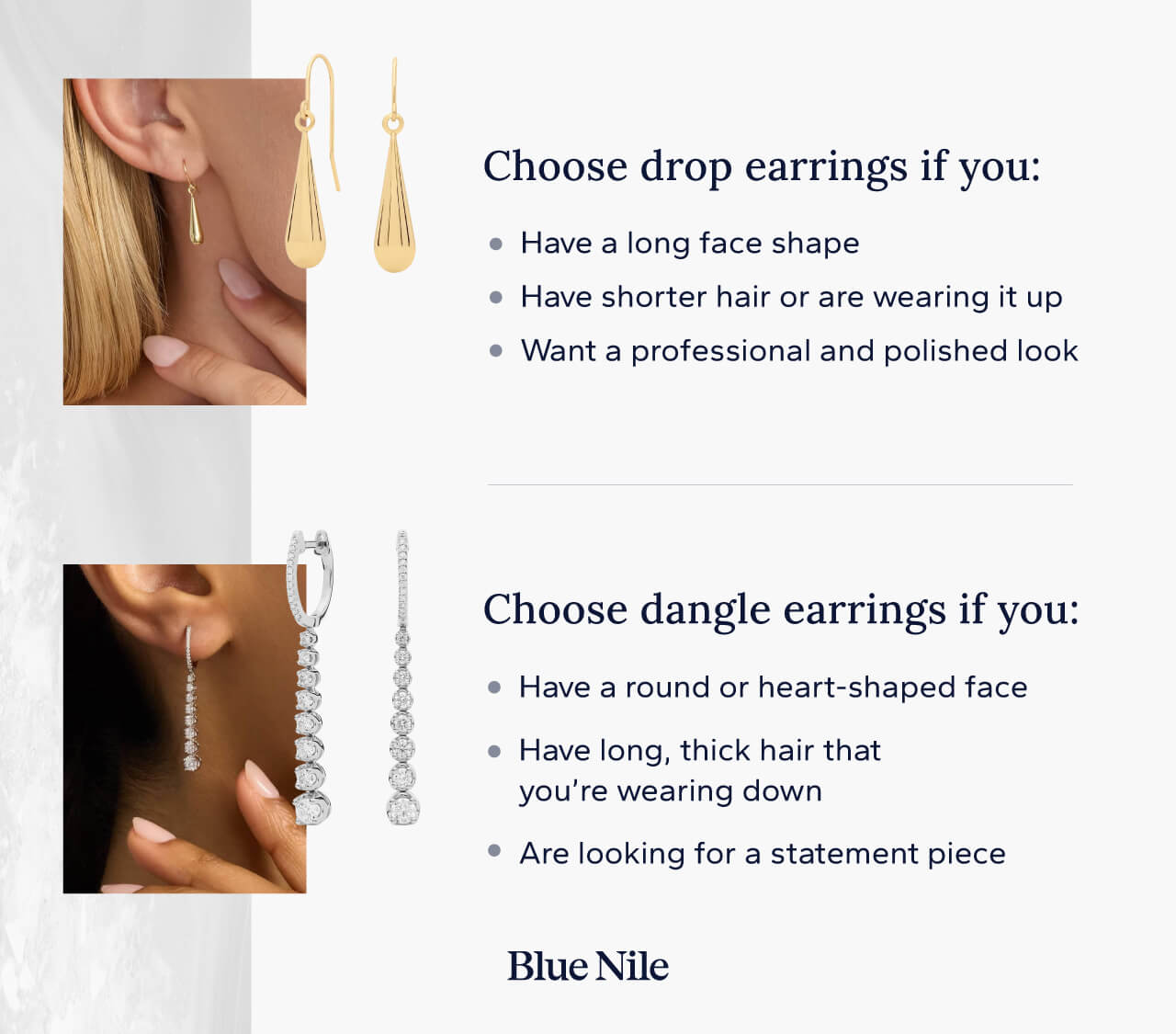 Tips for choosing between drop and dangle earrings, such as face shape, hairstyle, and event.