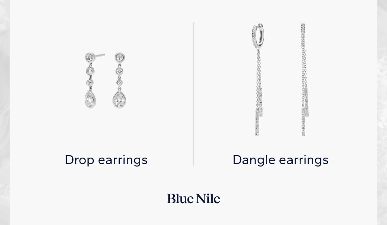 Drop earrings compared to dangle earrings, showing that dangle earrings offer more movement and length.