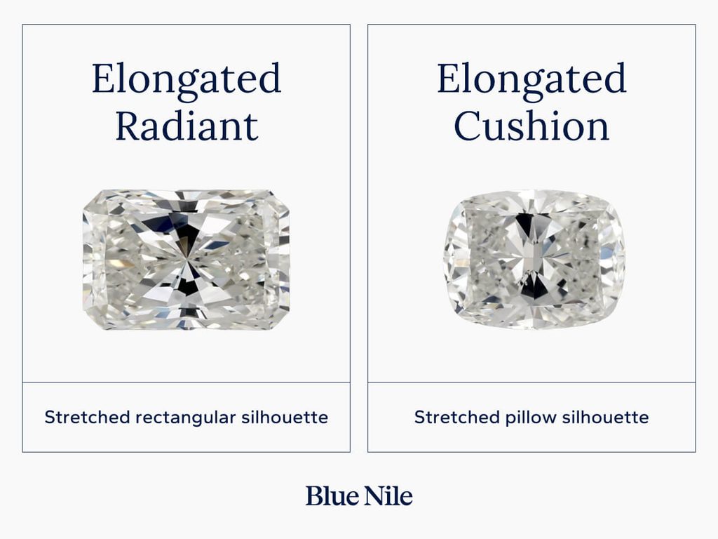 Elongated cushion cut vs. elongated radiant cut diamond comparison.