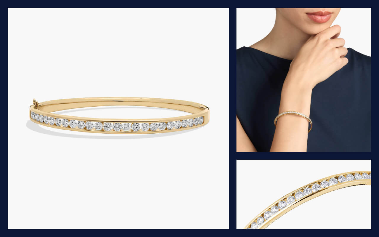 A gold diamond bangle shown on its own and on a model’s wrist, offering a refined option for those seeking non-diamond engagement rings.
