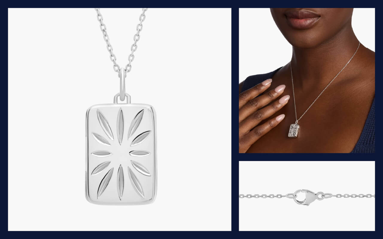 A rectangular silver locket with engraved details shown on a model, offering a meaningful take on engagement ring alternatives.