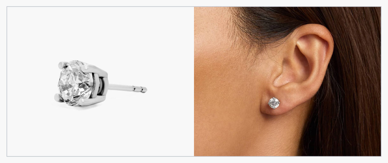 One Blue Nile white gold diamond stud earring on the left and a close-up of a model wearing them on the right.