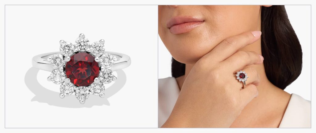 Garnet and diamond ring set in white gold.