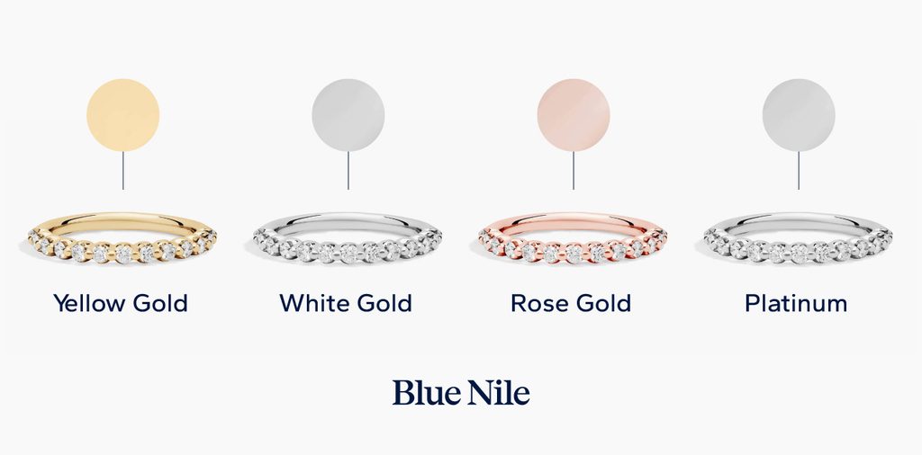 An image of a yellow gold, white gold, rose gold, and platinum ring.