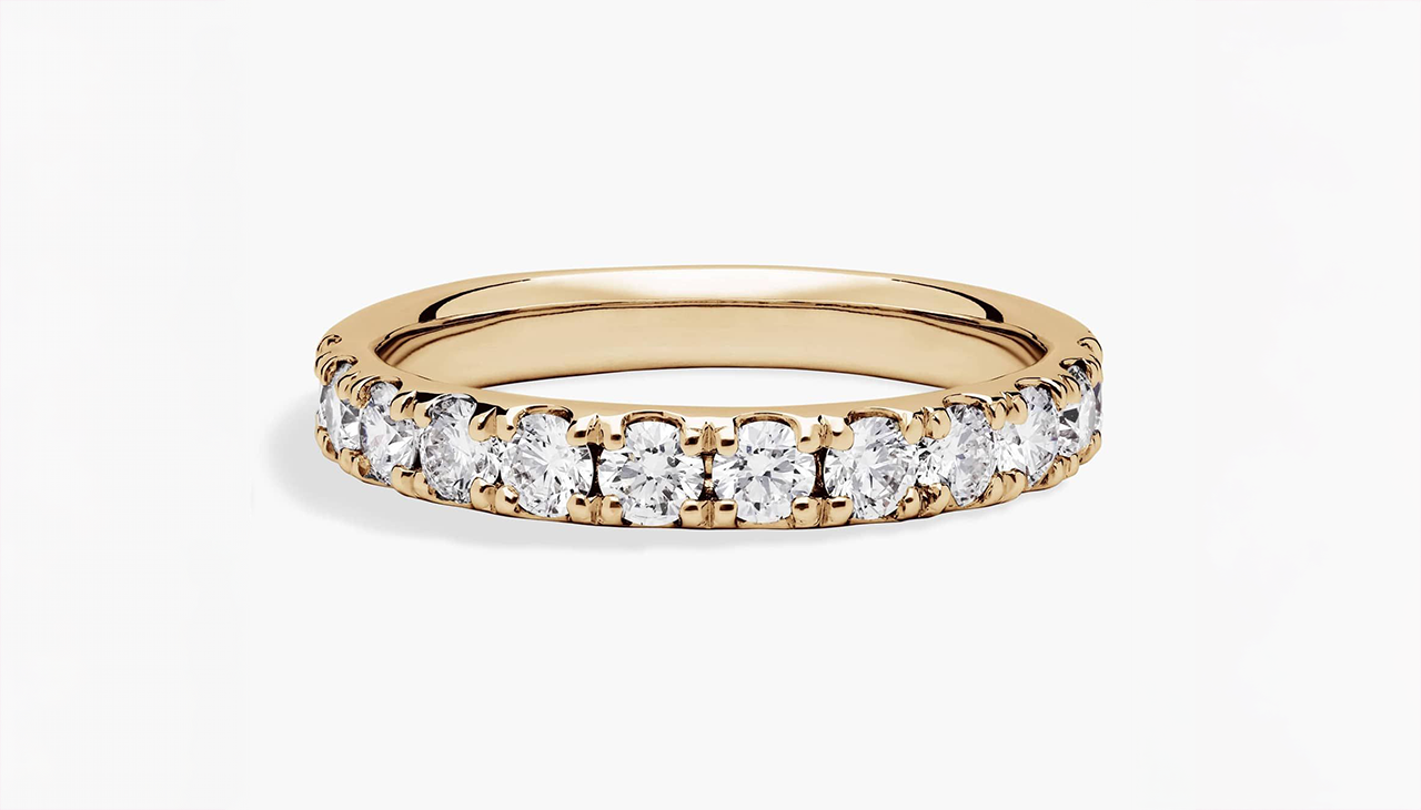 Riviera Pavé Diamond Ring In 14K Yellow Gold, showcasing round H color diamond accents along a polished band