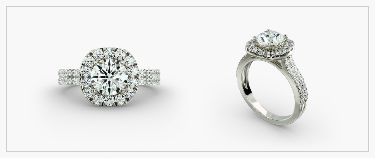 Front and side views of a white gold diamond halo ring