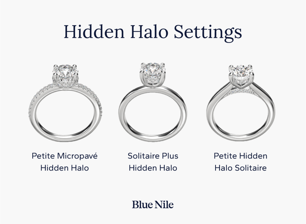 Three hidden halo engagement ring settings shown from the side, including petite micropavé, solitaire plus hidden halo, and petite hidden halo solitaire in white gold.