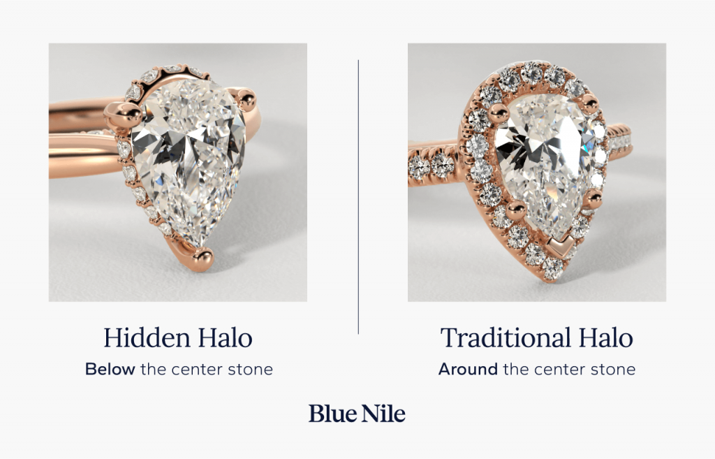 Side-by-side comparison of a hidden halo and a traditional halo engagement ring, showing accent diamonds placed below versus around the center stone.