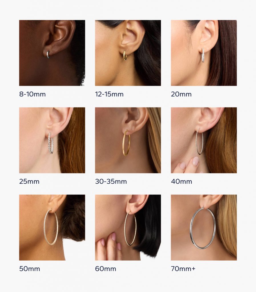Hoop earring size chart in mm, displaying them on an ear.