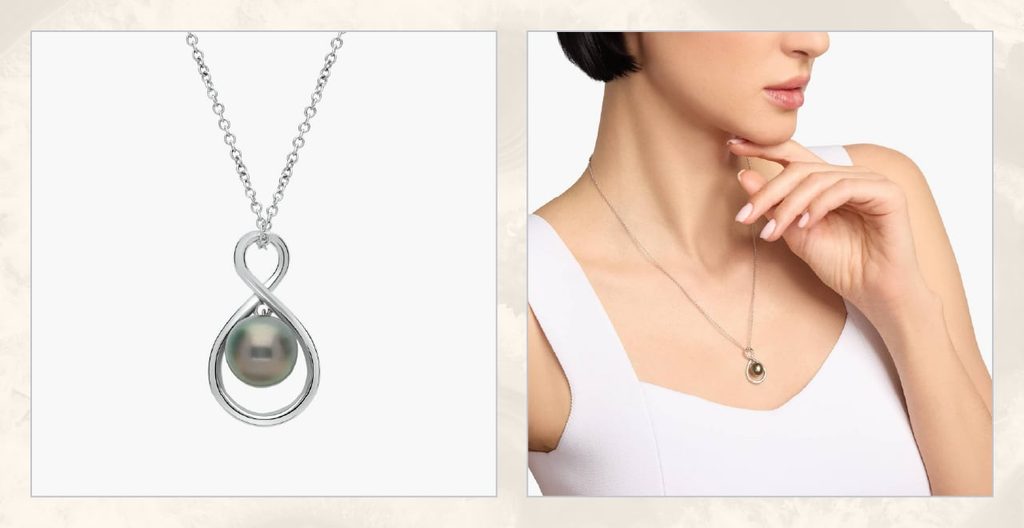 Women wears silver infinity necklace.