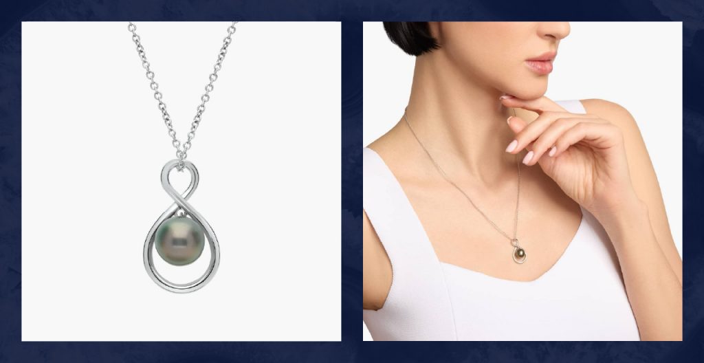 Women wears silver infinity necklace.